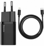 Baseus Super Si tīkla lādētājs | 20W | USB-C, Lightning | USB-C uz Lightning vads komplektā | melns