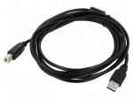 Cable | USB 2.0 | USB A plug,USB B plug | 3m | black | 24AWG,28AWG
