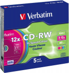Blank CD-RW SERL Verbatim 700 MB 8x-12X Colour, 5 Pack Slim