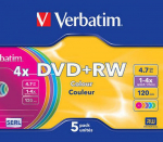 Blank DVD+RW Verbatim 4.7GB 4x Colour, 5 Pack Slim