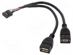 Cable | USB 2.0 | USB A socket x2,10pin pin header | 0.2m | black