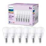 PHILIPS LED 40W P45 E14 Silti balta 2700K matēta 6 gab spuldze 8719514459519 929003546596