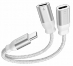 Swissten Textile USB-C Audio Charging Adapter 2x USB-C 0.12m