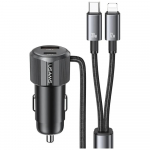 USAMS YT Series CC287 automa&scaron;īnas lādētājs | 66W | USB-A, USB-C | ar USB-C/Lightning vadu komplektā | pelēks