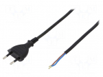 Cable | CEE 7/16 (C) plug,wires | 1.5m | black | PVC | 2x0,75mm2 | 2.5A