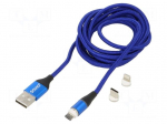 Cable | magnetic,USB 2.0 | 2m | blue | 480Mbps | textile | 3A