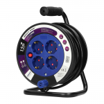 Elektrimaterjalid // Elektri laiendid, Pikendusjuhtmete, hajutuste ja UK ja USA adapterite komplekt // Przedłużacz bębnowy MINI, 4 gniazda 2P+Z (schuko), metalowy stojak, polwinit H05VV-F 3x1mm? - 15m