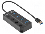 Hub USB | USB 3.0 | with switch | black | Number of ports: 4 | 0.3m