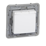 2P+E German std socket outlet Niloe -with shut. -IP44 + flap -auto. term. -white