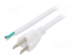 Cable | 3x16AWG | NEMA 5-15 (B) plug,wires | PVC | 1.5m | white | 13A