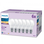 PHILIPS LED stikla 60W A60 E27 Silti balta 2700K matēta 6 gab spuldze 8719514451032 929001243096