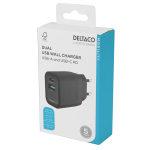 USB wall charger DELTACO, 1x USB-A 18 W, 1x USB-C PD 20 W, black / USBC-AC153 / 1903152