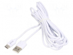 Cable | USB 2.0 | USB A plug,USB C plug | 3m | white | 480Mbps | 2A
