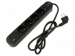 Plug socket strip: protective | Sockets: 4 | 250VAC | 16A | black | 1.5m