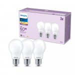 PHILIPS LED stikla 60W A60 E27 Silti balta 2700K matēta 3 gab spuldze 8719514452381 929001243033