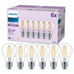 PHILIPS LED stikla 60W A60 E27 Auksti balta 4000K caurspīdīga 6 gab spuldze 8719514450950 929001815096