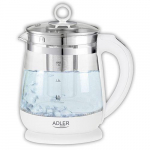 Teapot Adler  Kettle AD 1299 Electric, 2200 W, 1.5 L, Glass/Stainless steel, 360&deg; rotational base, White