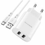 Borofone BN2 tīkla lādētājs | 10.5W | USB-A, USB-C | USB-C vads komplektā | balts