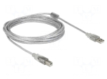 Cable | USB 2.0 | USB A plug,USB B plug | 5m | transparent | 480Mbps