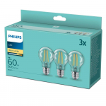 PHILIPS LED stikla 60W A60 E27 Silti balta 2700K caurspīdīga 3 gab spuldze 8718699777777 929001387339