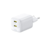 Sienas ātrlādētājs EnerFill FE22 45 W ar 2 USB-C ligzdām, QC un PD atbalstu, ar 1 m garu USB-C kabeli, balts