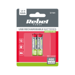 Patareisid, akusid ja laadijaid // AA, AAA ja muud suurused patareid, laadijad &ndash; saadaval tellimiseks // Akumulatorki REBEL AAA,400 mAh, Li-ion, 1,5V, 2szt/bl, R3, gniazdo typ C