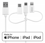Cable DELTACO USB-C / Micro USB / Lightning to USB-A, 1m, Apple C189 chipsetm FSC-labeled packaging, white / IPLH-441