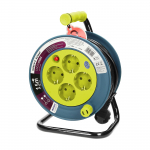 Elektrimaterjalid | Kaablid, Jaotuss&uuml;steemid ja T&ouml;&ouml;riistad // Elektri laiendid, Pikendusjuhtmete, hajutuste ja UK ja USA adapterite komplekt // Przedłużacz bębnowy MINI, 4 gniazda 2P+Z, metalowy stojak, polwinit H05VV-F 3x1mm? , długość 15m, limonkow ...