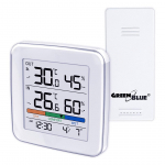 GreenBlue wireless weather station, temperature + humidity IN/OUT, clock + alarm + date, &deg;C / &deg;F selectable, range up to 60m, GB169