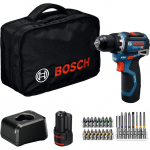 Bosch Powertools cordless drill/driver GSR 12V-32 Professional, 12Volt (blue/black, 2x Li-ion battery 2.0Ah, 24-piece accessory set, tool bag)