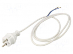 Cable | 2x1mm2 | CEE 7/17 (C) plug,wires | PVC | 1.5m | white | 16A | 250V