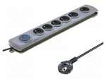 Plug socket strip: protective | Sockets: 6 | 230VAC | 10A | grey | 5m
