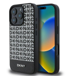 Back panel cover DKNY Apple iPhone 16 Pro PU Leather Repeat Pattern Bottom Stripe MagSafe Case Black