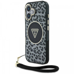 Case Guess HC IML Leopard Triangle Cord Strap for iPhone 16 MagSafe / black