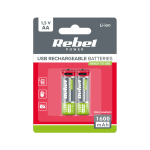 Patareisid, akusid ja laadijaid // AA, AAA ja muud suurused patareid, laadijad &ndash; saadaval tellimiseks // Akumulatorki REBEL AA, 1600 mAh, Li-ion,1,5V, 2szt/bl , R6 , gniazdo typ C