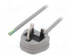 Cable | 3x1mm2 | BS 1363 (G) plug,wires | PVC | 1m | grey | 13A | 250V