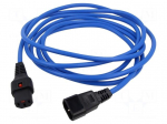 Cable | IEC C13 female,IEC C14 male | PVC | 3m | blue | 10A | 250V