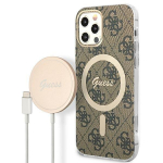 Guess Set GUBPP12MH4EACSW Case+ Charger for iPhone 12/12 Pro brown hard case 4G Print MagSafe