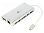 Hub USB | USB 3.0 | microSD,SD | 10/100/1000Mbps | PnP | silver | 5Gbps