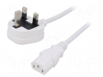 Cable | 3x1mm2 | BS 1363 (G) plug,IEC C13 female | PVC | 3m | white | 3A