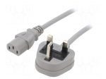 Cable | 3x1mm2 | BS 1363 (G) plug,IEC C13 female | PVC | 3m | grey | 3A