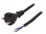Cable | CEE 7/17 (C) plug,wires | 2m | black | rubber | 2x1,5mm2 | 16A