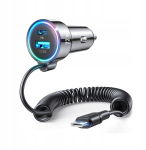 Joyroom 3-&uuml;hes auto laadija, C+U koos Type-C spiraalkaabliga 1,6m, 72W, Black (JR-CL07)