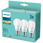 PHILIPS LED 60W A60 E27 Silti balta 2700K matēta 3 gab spuldze 8718699775490 929002306203