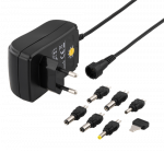 DELTACO AC Adapter 110-240V to 3-12V DC, 1.5A, Interchangeable Connectors, USB, Black / PSR-15B