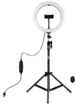 LED žiedinė lempa 26cm, su trikoju stovu iki 1.1m ir telefono laikikliu, USB