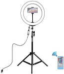 LED žiedinė lempa 26cm, su trikoju stovu iki 1.1m ir telefono laikikliu, USB