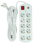 Buitinis ilgiklis 10m, 10 lizdų, 2x USB, su jungikliu
