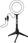LED žiedinė lempa 12cm, su trikoju staliniu stovu iki 21.8cm, USB,