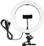 LED žiedinė lempa 26cm, su telefono laikikliu ir spaustuku, USB